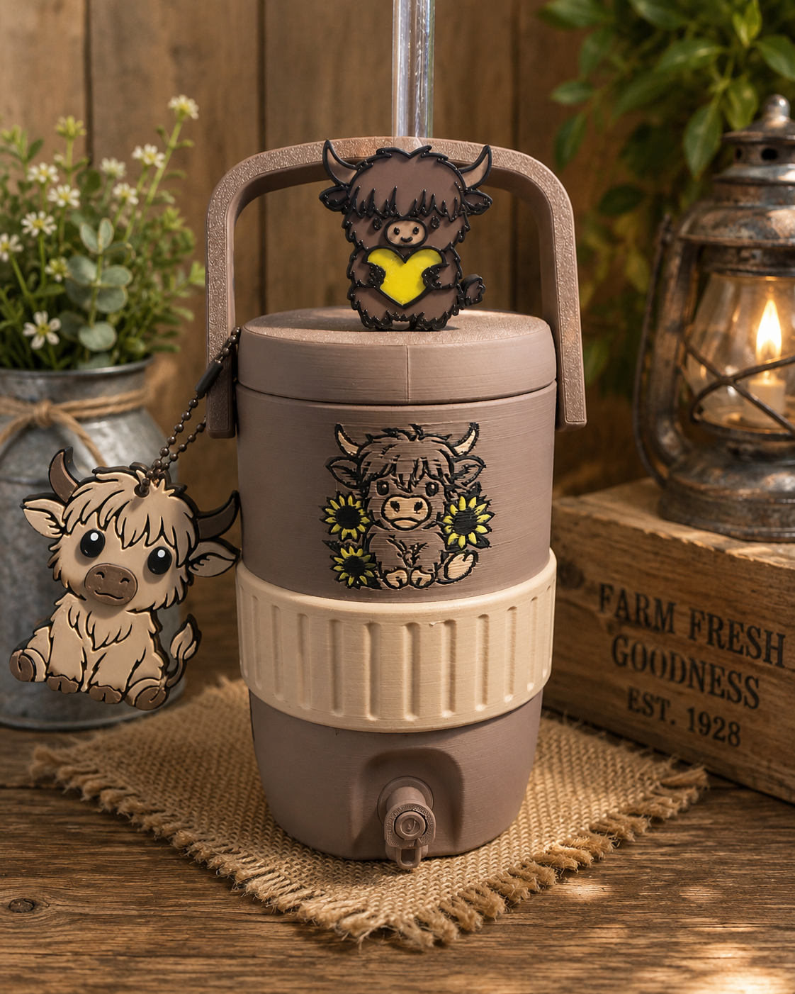 Highland Cow 12oz Can Sleeve with Straw Topper & Matching Charm | Farmhouse Drink Holder | 3D Printed Beverage Sleeve | Cute Cow Gift